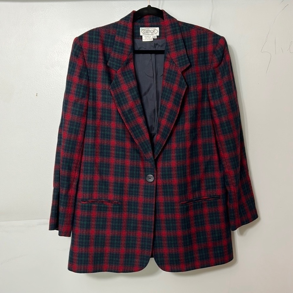 Vintage 80’s Gilmore wool green and red plaid blazer size 14